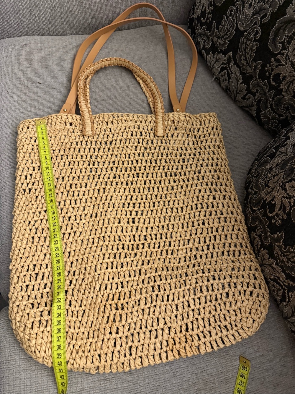Woven Straw Tote Bag with Tan Handles
